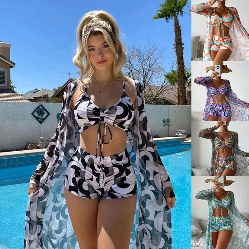 3pcs Pring Bikini With Long Sleeve Cardigan Fashion Summer Beach Swimsuit Women - Buy Lifestyle