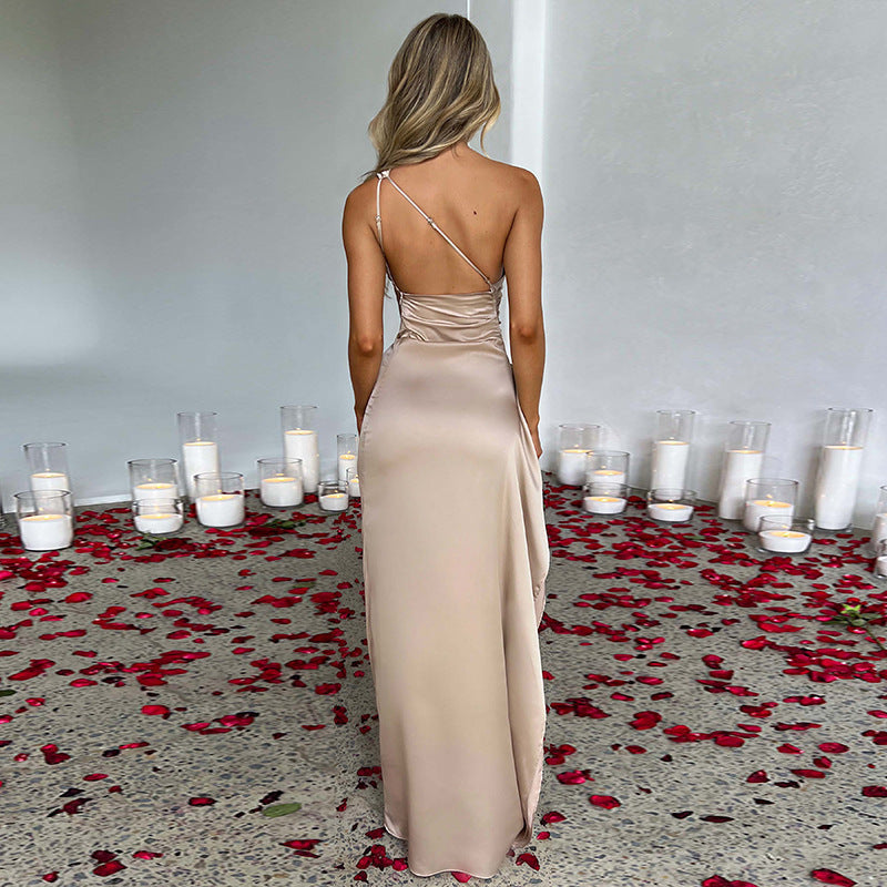 Sexy One-shoulder Backless Split Dress Summer Elegant Slim-fit Solid Color Satin Dresses For Women - Buy Lifestyle